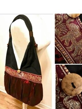 🎁 Boho Burgundy & Black Sling Bag — Gold Elephant Embroidery - Retro ‘60- New